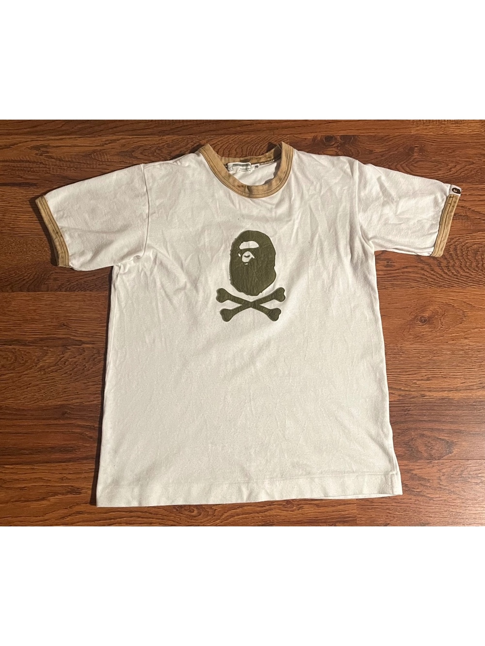 A Bathing Ape BAPE White and Brown Ringer T-Shirt with Ape &